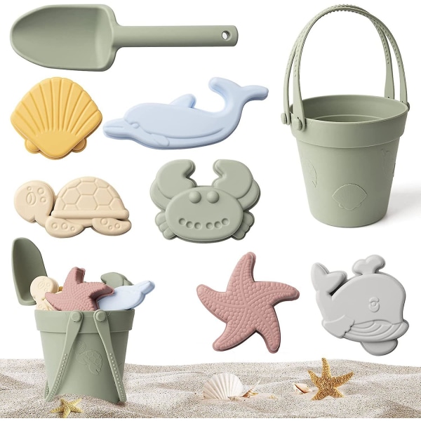 9st silikon strandleksaker, baby , resevänlig set med silikonhink spade molds strandväska, sandlådeleksaker för småbarn Green