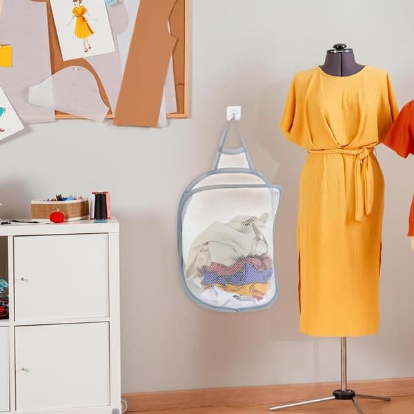 Foldable Laundry Basket 29.5x40cm Mesh Wide Opening Breathable Storage Bag With Adhesive Hook Grey