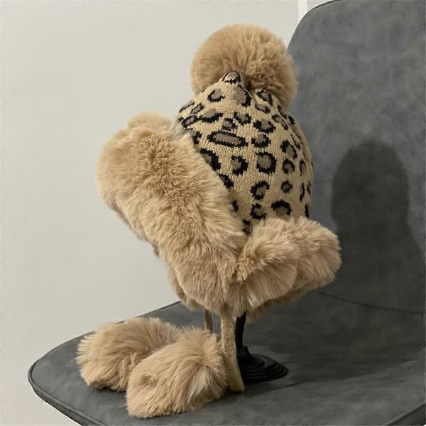 Handstickad Leopardmönstrad Mössa Varm Ullstickad Hatt Flätad Stickad Hatt Utomhustrend Casual Varm Hatt Höst Vinter Rosa Brown