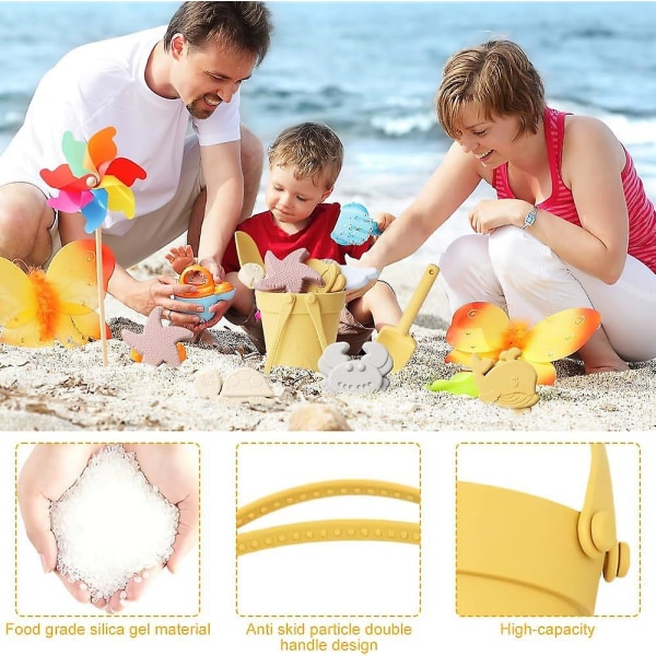 Silikon strandleksaker för barn med bärbar strandväska Molds Spade set, sandleksaker Sandlådaleksaker för barn utomhus sommar yellow
