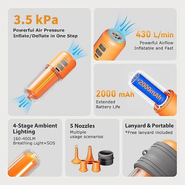 Luftpumpe til oppustelige genstande, Mini luftmadraspumpe med campinglys, Pool flydepumpe, Oppustning og tømning til luftmadras Orange
