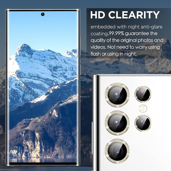 Til Samsung Galaxy S24 Ultra kameralinsebeskytter, 9h hærdet glas kameracover glitter metal individuel ring HD kamera linsefilm gold