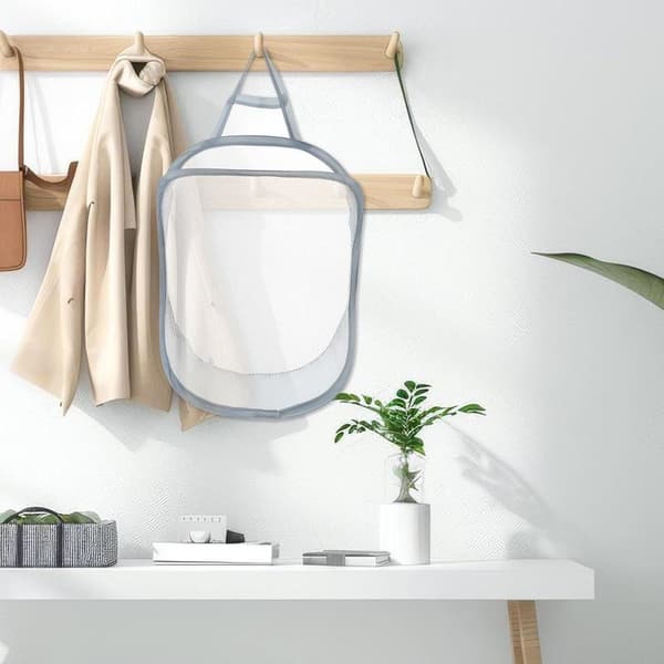 Foldable Laundry Basket 29.5x40cm Mesh Wide Opening Breathable Storage Bag With Adhesive Hook Grey