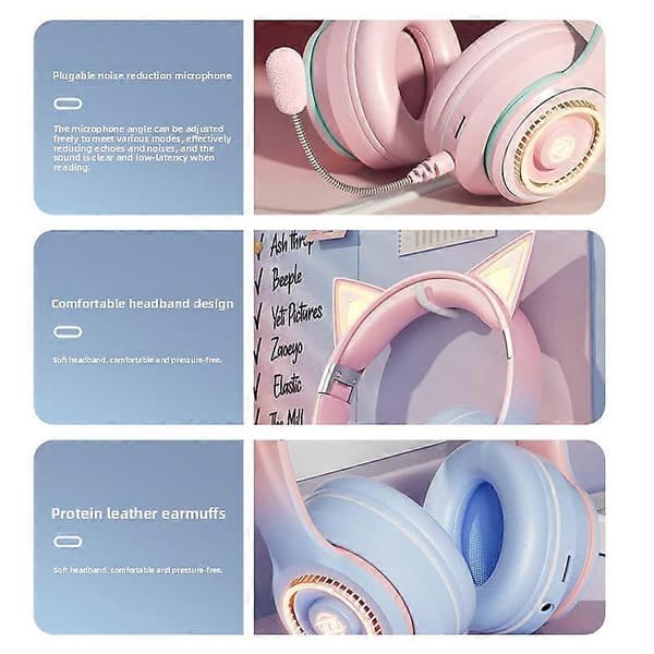Bluetooth-hörlurar med mikrofon, trådlösa over-ear-hörlurar med kattöron och LED Blue