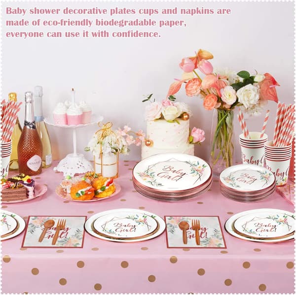 Sett med dekorerte tallerkener til babyshower (120 deler)