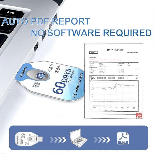 Engangs USB temperaturdatalogger PDF, TempU02 termometeropptaker, 60-dagers batterilevetid for kaldt vær