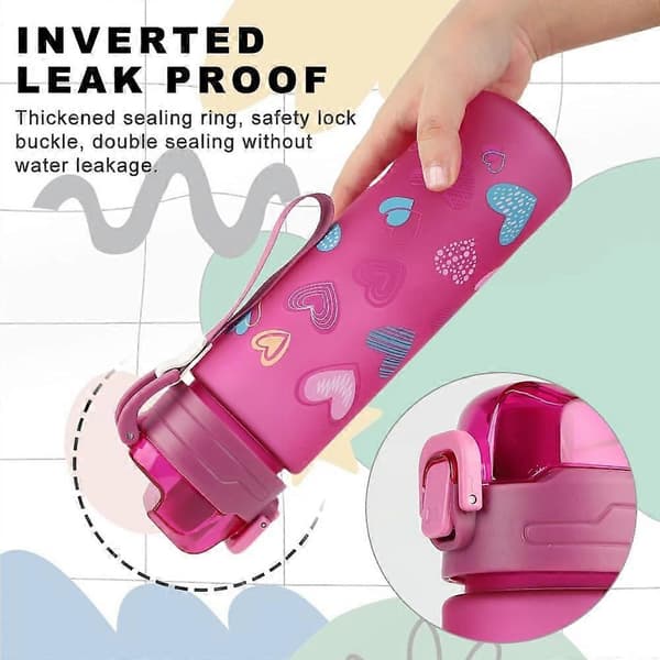 Vattenflaskor för barn, 700 ml söt dricksflaska med snodd för pojkar flickor Rose Red Heart