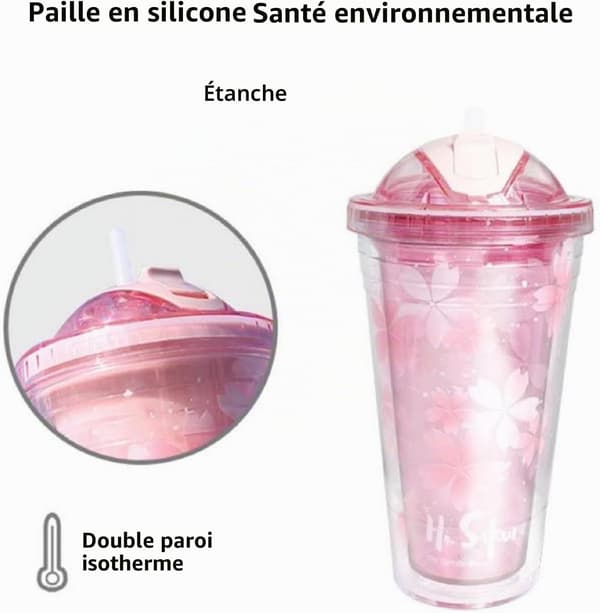 Sød vandflaske med sugerør og låg (pink)