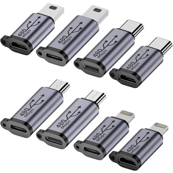 USB C till Micro USB Adapter, Typ C/Micro USB Hona till Lightning Hane Konverterare, Micro USB till USB C Förlängare (8-Pack)