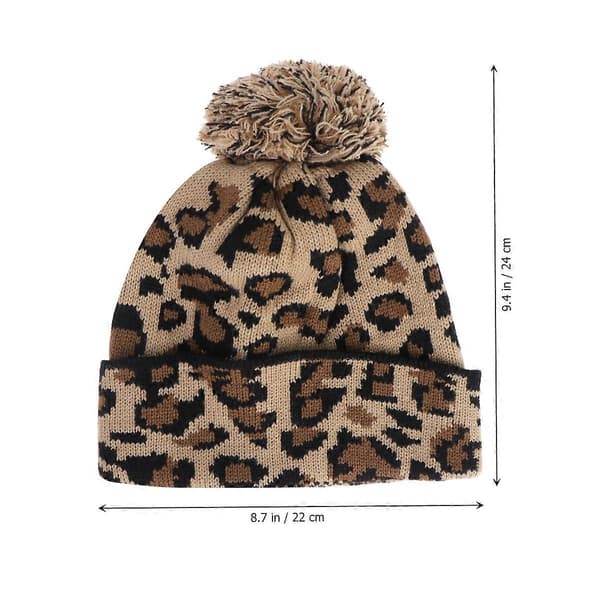 Stickad Mössa 1st Khaki Beanieluva med Leopardberlock för Vintervärme Khaki 23*20*0.5cm