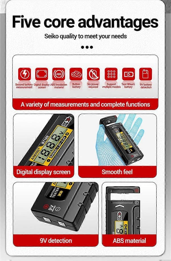 Digital Display Batteritestare – Lättläst LCD-display – Inget batteri krävs – Universell batterikontroll för hushåll