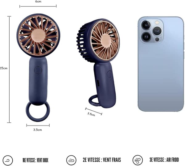 Mini bærbar ventilator, kraftig bordventilator med løkke (blå)