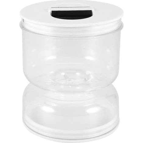 Timeglasformet krukke med hængslet låg og si til at adskille våde og tørre pickles