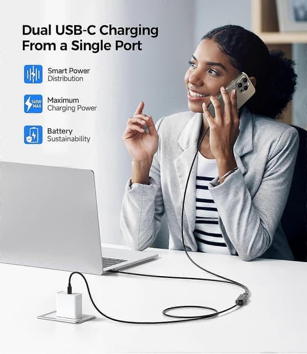Flettet 2-i-1 USB C til USB C-kabel - 1,8 m, 140W Smart strømfordeling for