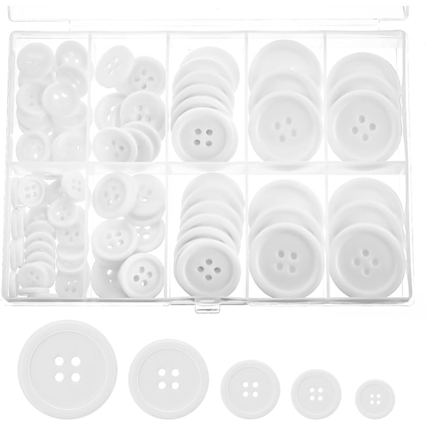 100 stk harpiksknappar for sying, 5 storlekar flatback syknappar 4-hål vita DIY knappar med förvaringslåda, runda blandade knappar (vita)