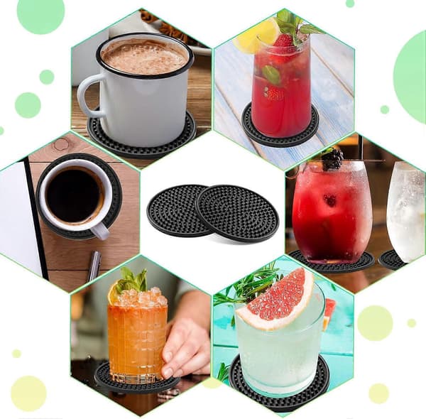 Silikone Coasters til Drikkevarer, Sæt med 8 Sorte Coasters, 10x0.5cm Runde Coasters Sæt A