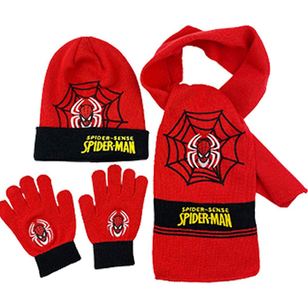 Spiderman-tryckt stickad mössa + halsduk + vantar Varm vinteruppsättning Present till barn pojkar B
