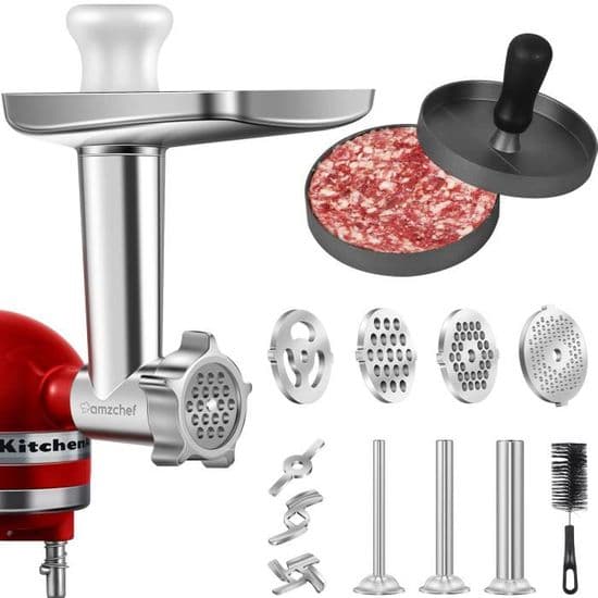 Kødmaskinetilbehør til KitchenAid-mixer, 3 rør og pølsefyldholdere, 4 skiver, 2 knive, hamburgerpresse