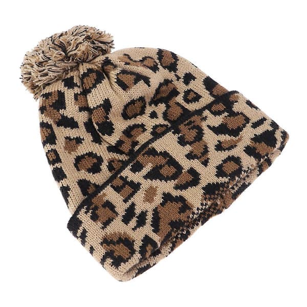 Stickad Mössa 1st Khaki Beanieluva med Leopardberlock för Vintervärme Khaki 23*20*0.5cm