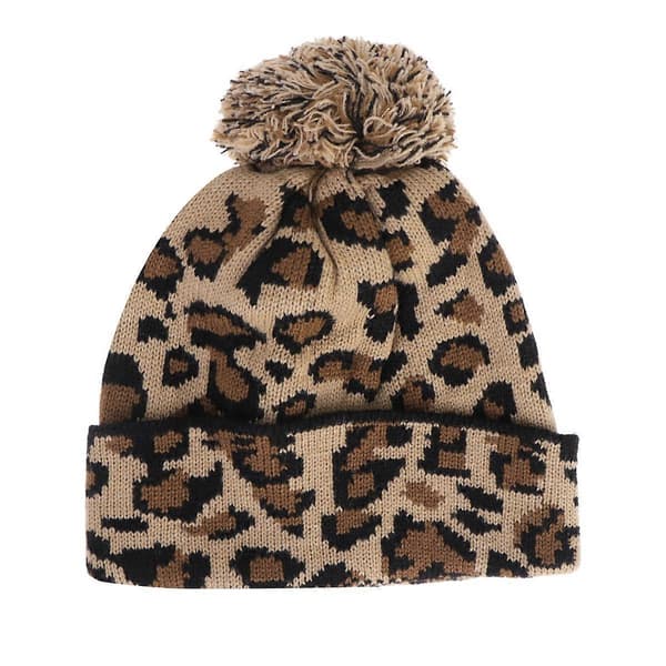 Stickad Mössa 1st Khaki Beanieluva med Leopardberlock för Vintervärme Khaki 23*20*0.5cm