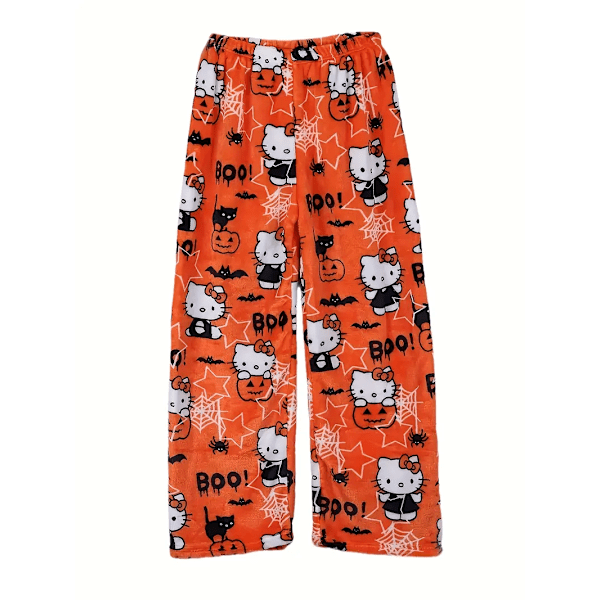 Cartoon KT katt pyjamas tjocka damer höst och vinter plus sammet varm fritids hem graffiti flanell byxor orange XL
