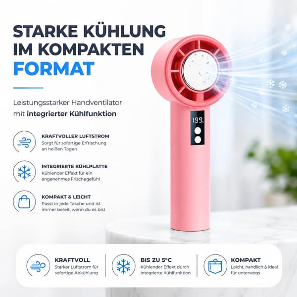 Bærbar vifte med integrert kjølefunksjon (rosa)