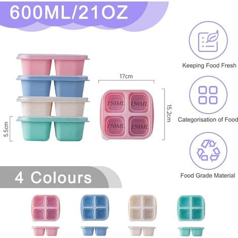 Sett med 4 snackbokser med rom, snackbeholdere for barn og voksne, 4-roms Bento matbokser