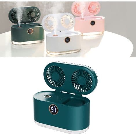 Lille 2-i-1 ventilator og luftfugter – USB genopladelig – stærk vind – grøn – kontor/soveværelse