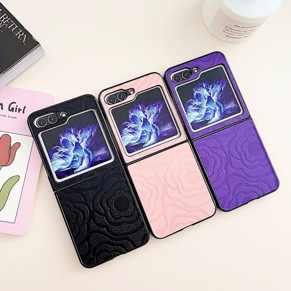 Z Flip 5 Case, Pu Läder Emboss Flowers Stötsäkert Case För Samsung Galaxy Z Flip 5 Pink