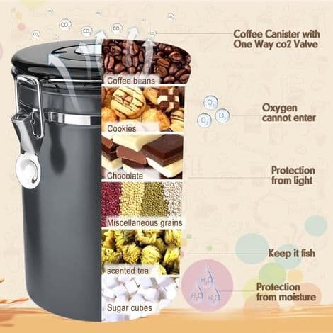 Kaffedåse, Madopbevaringsboks til køkken, Lufttæt kaffebeholder, til kaffebønner, malet kaffe, korn, 1,8L, sort