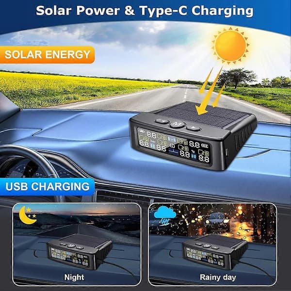 RV dæktryksovervågningssystem TPMS med 6 sensorer, sol- og USB LCD-display, 0-144 PSI rækkevidde, 6 tilstande