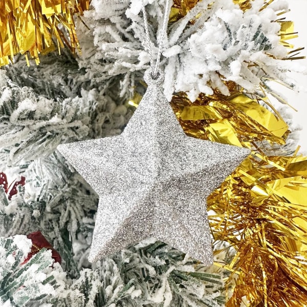 6 st silverstjärnor julgranshängande prydnader med snöre, glitterprydnader för julgransdekoration, silverglitterstjärna 7 cm