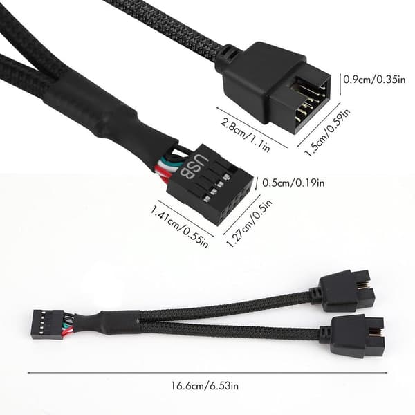 USB-header splitter, 2 stk. USB 2.0 9-pin hun til dobbelt 9-pin han forlængerkabel, bundkort 9-pin USB2.0 header splitter i nylonfletning