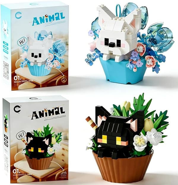 Sæt med 2 katte-tema byggeklodser, mini dekorative byggeklodser