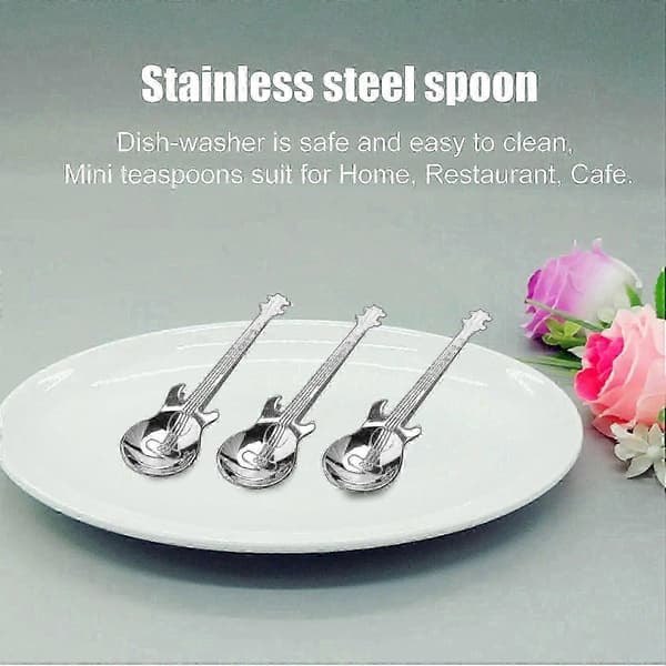 Gitarrkaffeskedar 6-pack söta skedar teskedar i rostfritt stål omrörningssked gitarrformad (silver) Silver