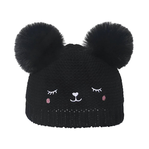 Stickad barnmössa Björn Tecknad Pullover Stickad Mössa Ull Vintermössa Svart One Size För Flickor