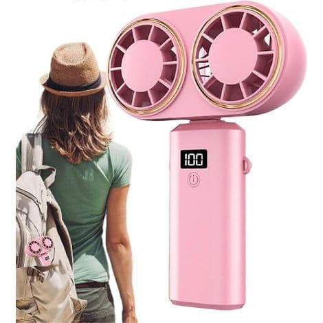 Bærbar USB genopladelig ventilator, dobbelt ventilator, digitalt display, genopladeligt batteri, pink