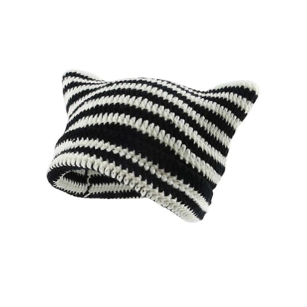 Stickad mössa med kattöron, mjukt lättviktsull för vintervärme Black and White