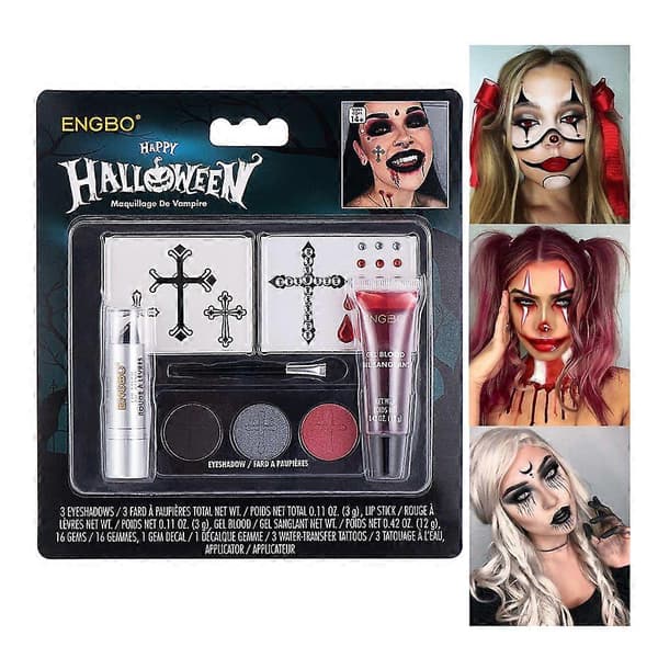 Halloween vampyr makeup sæt, Halloween make-up sæt til voksne, Halloween make-up med kunstigt blod, ansigtsmaling, sort læbestift 2 Set