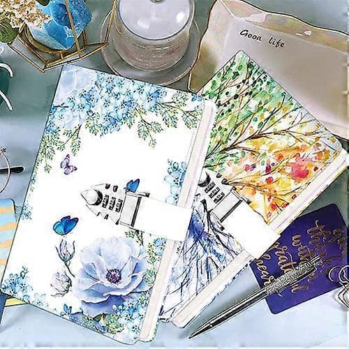 PU-læder adgangskode notesbog, personlig dagbog med lås, A5 låsbar journal Blue Flower