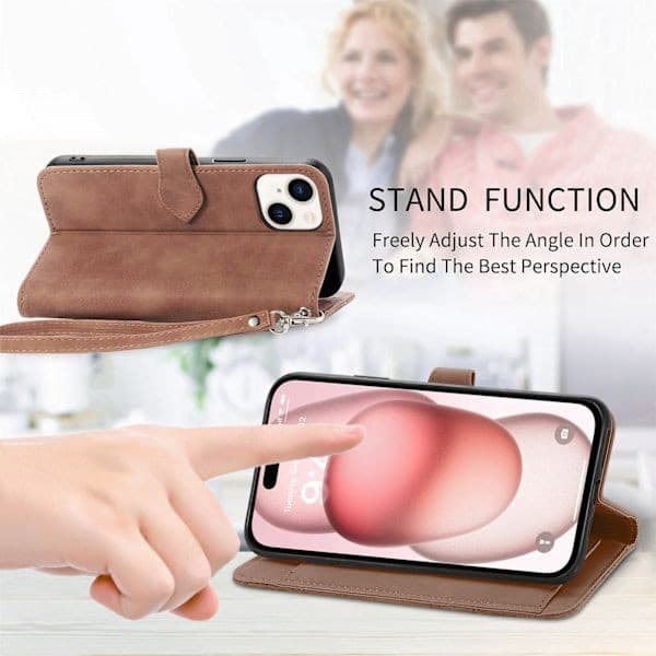Perfekt til iPhone-etuier - Præget flip-læderetui med kortpladser, brun, til iPhone 14.