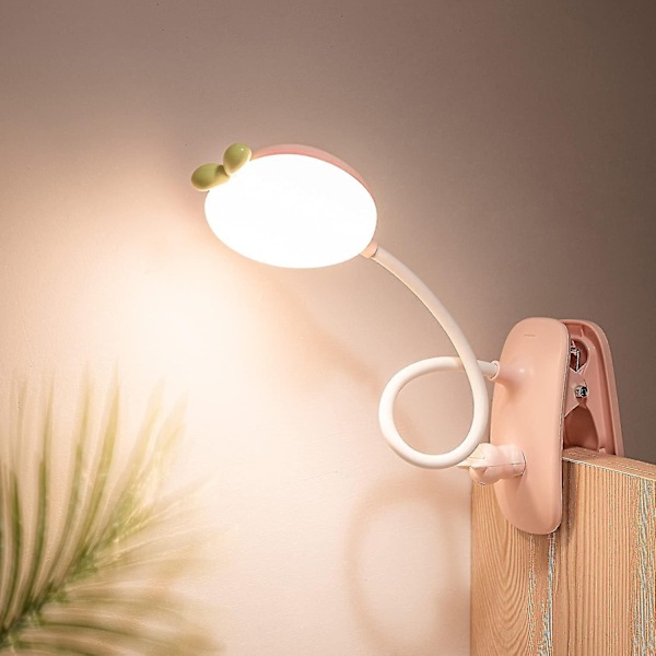 Skrivebordslampe med klemme for barn, batteridrevet lampe med klemme for seng med 3 lysstyrkenivåer, USB-oppladbar leselampe, øyevennlig LED-bordlampe for jenter og gutter