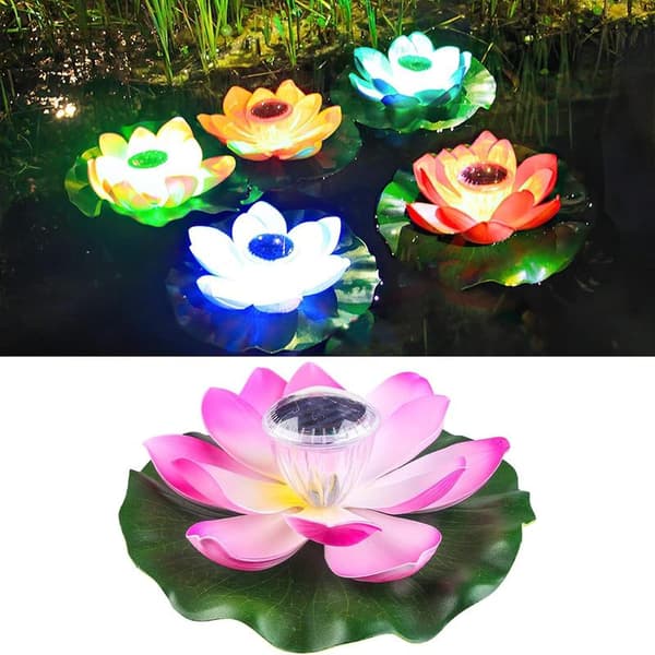 Solcellelamper til dam Rosa flydende solcellelamper til dam, flydende lotusblomst solcellelamper til pool Havedam Solcellelilje blomsterlamper Lotus Light (Pink)