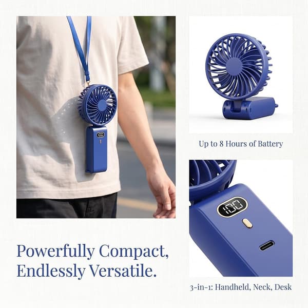 Bærbar ventilator, mini dobbeltformål ventilator (hånd/bord) (blå)