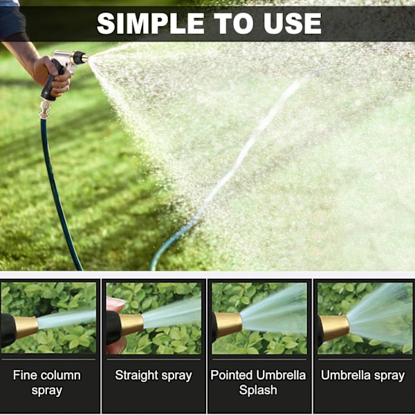 Letkun suihkupistooli, puutarhaletkun suuttimet ja suihkupistoolit täydellä messinkisuuttimella, liukumaton kahva, 4 kuviota vesipistooli sprinkler, autonpesu