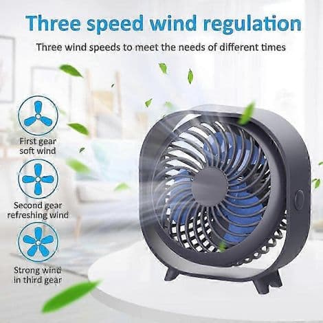 Genopladelig bordventilator, mini bærbar ventilator til kontor, studieværelse eller hjem, støjsvag, blå