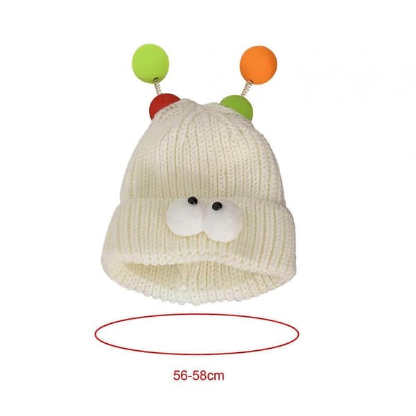 Rolig Liten Monster Stickad Mössa Stickad Mössa Söt Vintermössa med Tecknade Ögon för Beige White