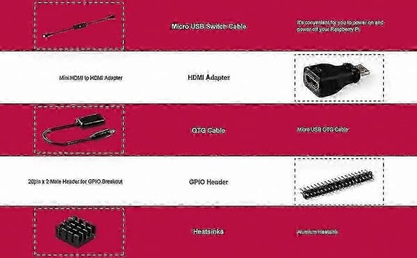 Raspberry Pi Zero 2 W/Zero W startsæt med akrylkabinet, GPIO-header, HDMI-adapter, OTG-kabel