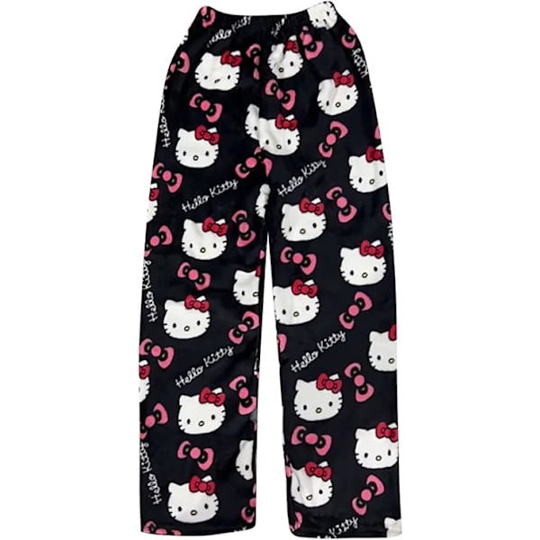 Hello Kitty -fleece-pehmeät kawaii-pyjamat, kotipöksyt, piirretty, rento, anime, mukavat, syksy-talvi, lämpimät pyjamat, rentot housut black L