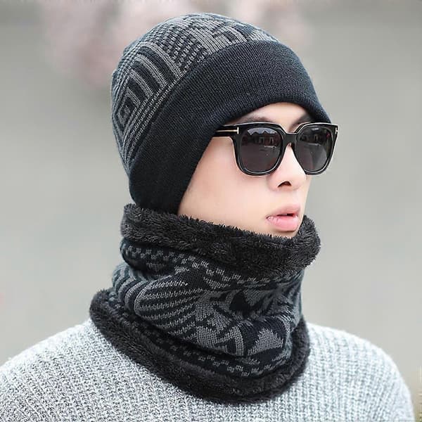 Skjerf- og hattsett for menn, vintervarme, 3 stk. svart strikket hodeplagg Black M